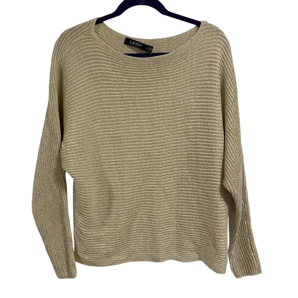 Lauren Ralph Lauren Cream‎ Silver Metallic Boatneck Sweater Size L.